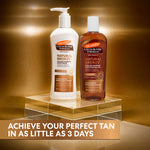 Palmer's Cocoa Butter Formula Natural Bronze Lotion and Oil on a reflective surface with a gold background.