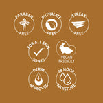 Collection of skincare product certification badges on a brown background