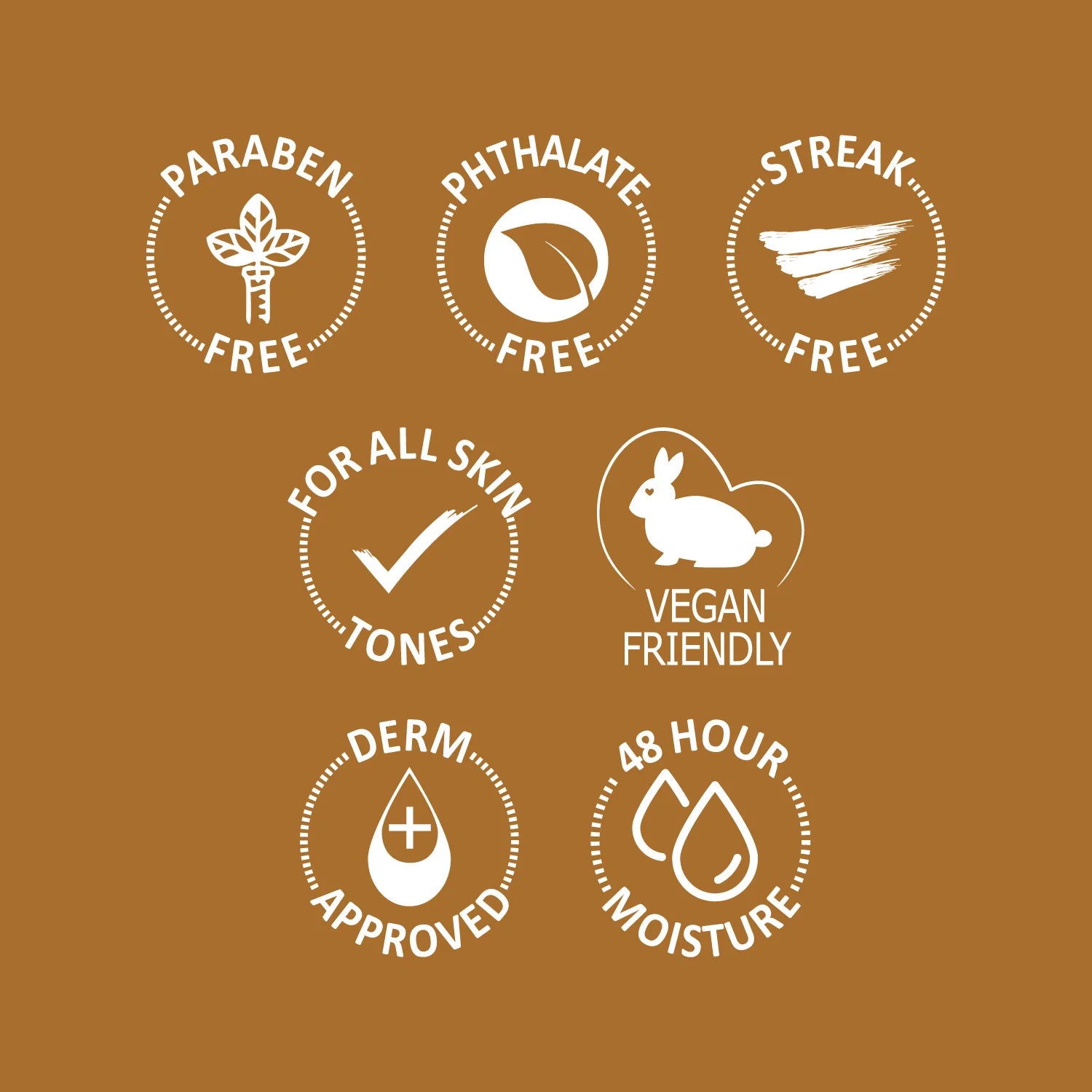 Collection of skincare product certification badges on a brown background