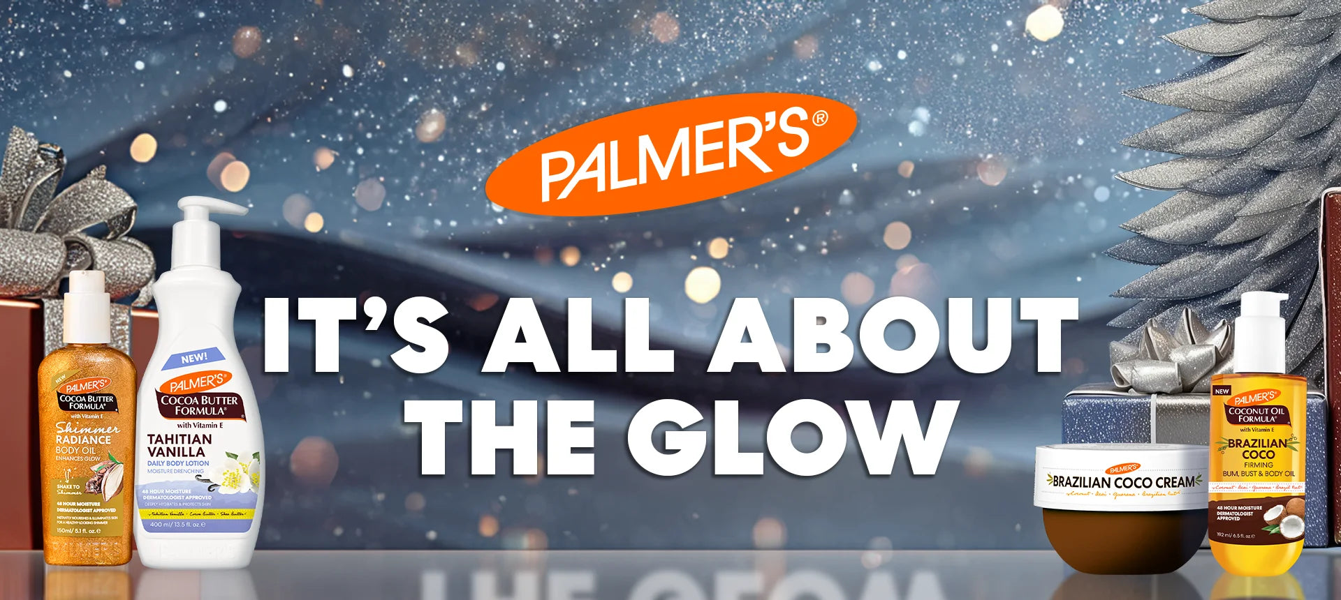 Palmer's skincare products with 'It's All About the Glow' text and Christmas tree in the background