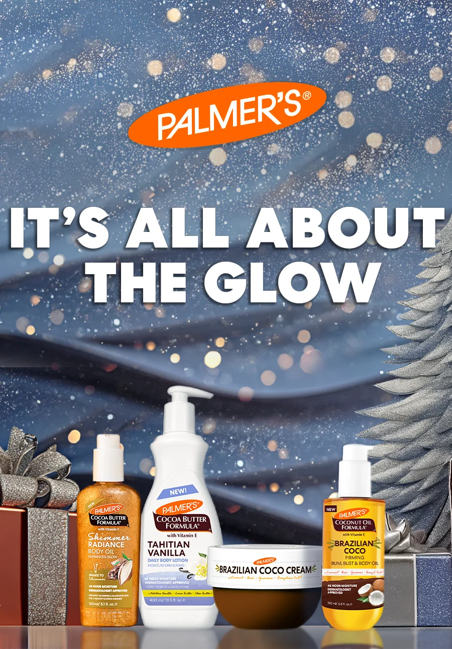 Palmer's skincare products with 'It's All About the Glow' text against a starry night sky background.