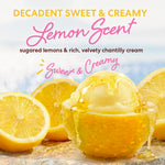 A scoop of creamy yellow gelato in a halved lemon bowl with honey drizzle, surrounded by fresh lemon slices. Large text reads 'DECADENT SWEET & CREAMY Lemon Scent' and 'sugared lemons & rich, velvety chantilly cream' with 'Sweet & Creamy' in pink script.
