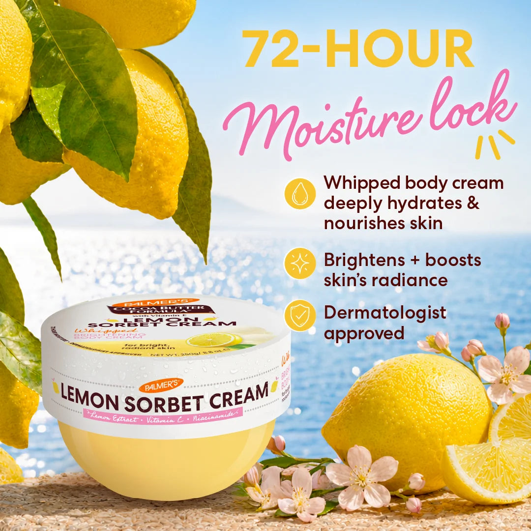 A jar of Palmer's Lemon Sorbet Cream is shown against a beach background with lemons, flowers, and promotional text highlighting 72-hour moisture lock benefits.
