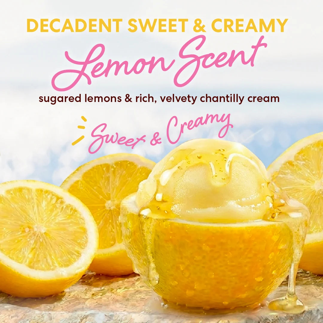 A scoop of creamy yellow gelato in a halved lemon bowl with honey drizzle, surrounded by fresh lemon slices. Large text reads 'DECADENT SWEET & CREAMY Lemon Scent' and 'sugared lemons & rich, velvety chantilly cream' with 'Sweet & Creamy' in pink script.