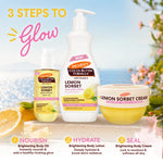 A product collage for Palmer's Cocoa Butter Formula Lemon Sorbet body care set, showing a Brightening Body Lotion pump bottle, a Brightening Body Oil bottle, and a Brightening Cream jar on a light surface with lemon slices and pink flowers in the background. Text at the top reads '3 STEPS TO Glow' and text at the bottom describes each step.