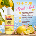 A bottle of Palmer's Cocoa Butter Formula Lemon Sorbet Brightening Body Oil is shown in a promotional graphic with lemons, flowers, and text highlighting '72-HOUR Moisture lock' and product benefits.