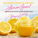 A scoop of creamy lemon gelato in a halved lemon bowl with honey drizzle, surrounded by fresh lemon slices. Large text reads 'DECADENT SWEET & CREAMY Lemon Scent' and 'sugared lemons & rich, velvety chantilly cream' with 'Sweet & Creamy' in pink script.