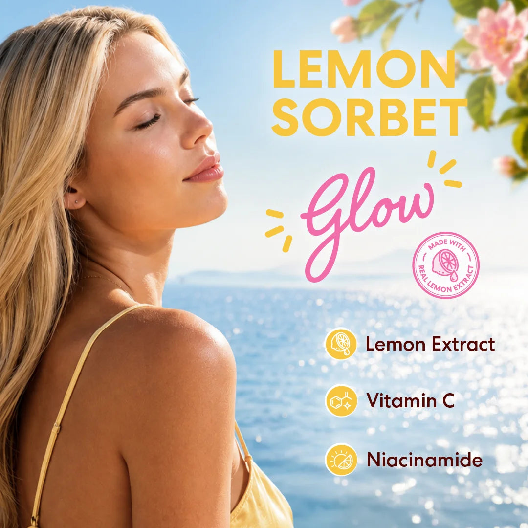 A promotional graphic for Palmer's Lemon Sorbet. On the left, a blonde woman in a yellow top looks toward the ocean with her eyes closed, evoking a sunny beach scene.