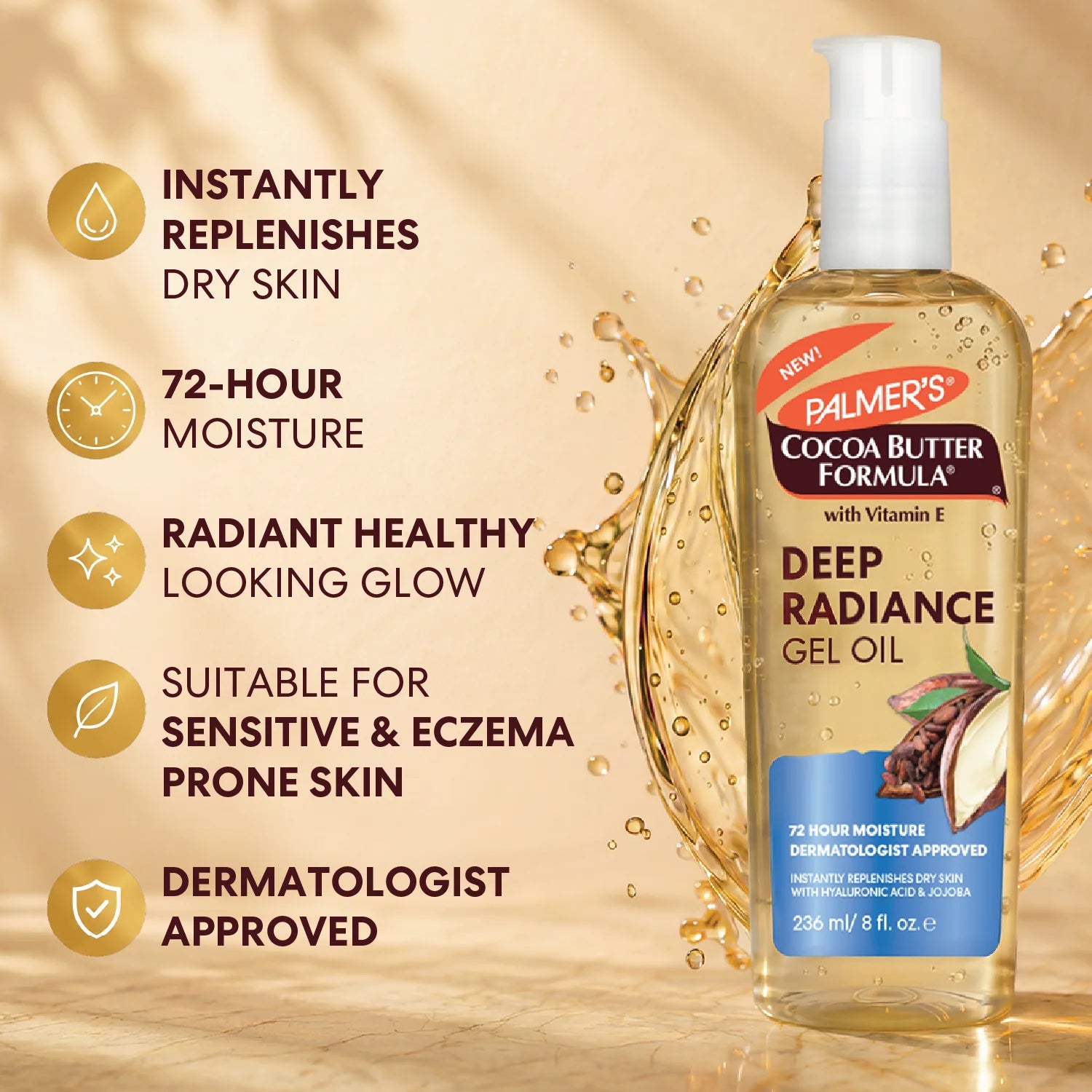 A bottle of Palmer's Cocoa Butter Formula Deep Radiance Gel Oil shown on a warm beige background with text callouts about moisturizing benefits and a splash of gel around the bottle.