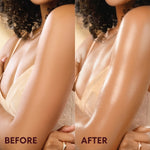 Side-by-side before and after comparison of a woman's skin, showing dry skin on the left and smooth, glossy, hydrated skin on the right. The image features a woman in a beige lace bra, with 'BEFORE' and 'AFTER' text overlays at the bottom.