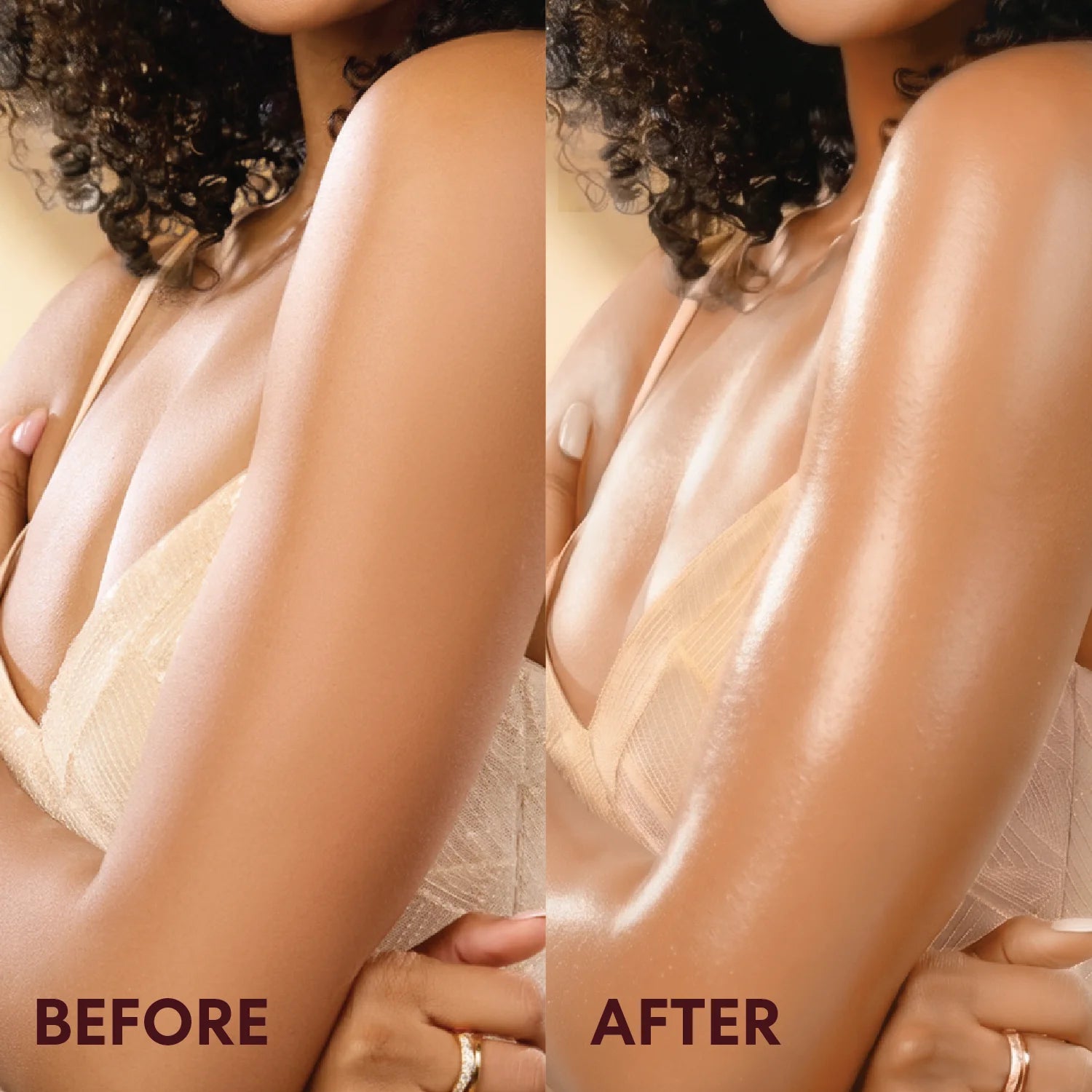 Side-by-side before and after comparison of a woman's skin, showing dry skin on the left and smooth, glossy, hydrated skin on the right. The image features a woman in a beige lace bra, with 'BEFORE' and 'AFTER' text overlays at the bottom.
