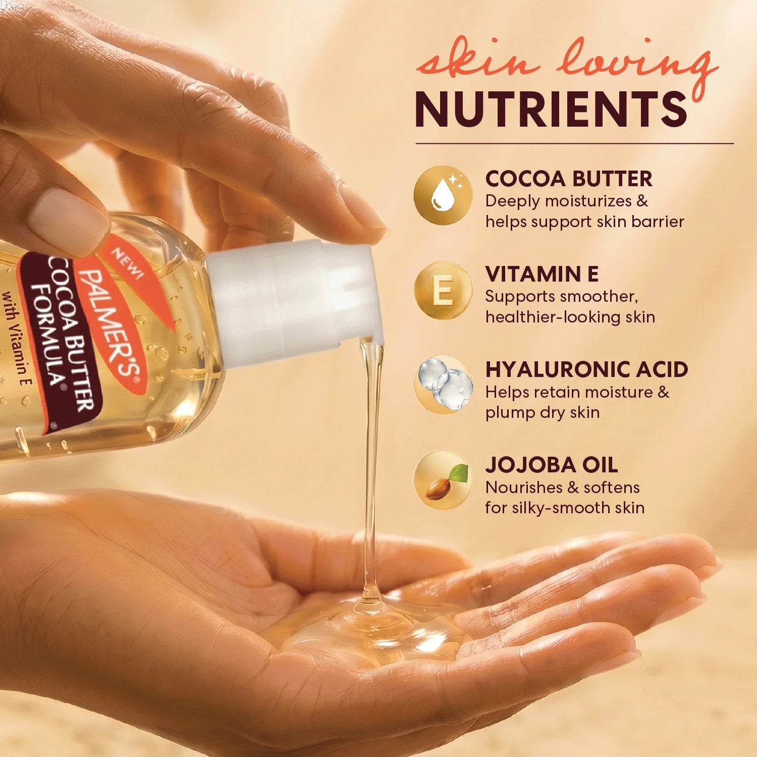 A hand holds a bottle of Palmer Cocoa Butter Deep Radiance Gel Oil while pouring clear golden gel oil into another hand, with text callouts listing benefits like cocoa butter, vitamin E, hyaluronic acid, and jojoba oil on a warm beige background.