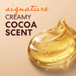 Graphic for a 'signature Creamy Cocoa Scent' featuring a glossy, translucent golden-yellow gel oil swirl on a warm beige background with stylized text.