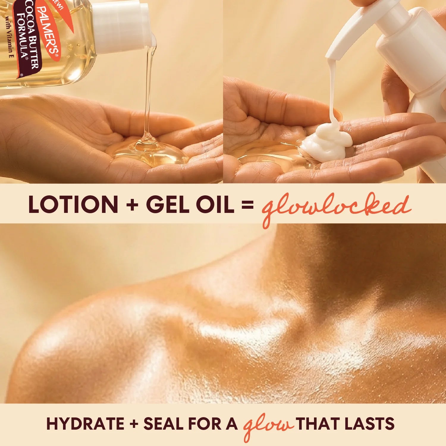 A collage for a Palmer's Cocoa Butter Deep Radiance Gel Oil and Cocoa Butter Lotion. It shows a bottle being poured into hands, a pump dispensing white lotion, and a close-up of a glossy, hydrated shoulder and chest.
