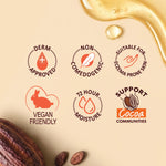 A graphic for a Palmer's Deep Radiance Gel Oil with six circular feature badges: derm approved, non comedogenic, suitable for eczema prone skin, vegan friendly, 12 hour moisture, and support by Cocoa Communities. A glossy stream of golden gel oil runs across the top right, with cocoa beans and a cocoa pod at the bottom left.
