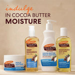 Four Palmer's Cocoa Butter Formula skincare products arranged on a beige background with promotional text reading 'indulge IN COCOA BUTTER MOISTURE.' The set includes the Cocoa Butter Jar, a Cocoa Butter Lotion bottle, a bottle of Cocoa Butter Deep Radiance Gel Oil and Cocoa Butter Moisturizing Body Oil