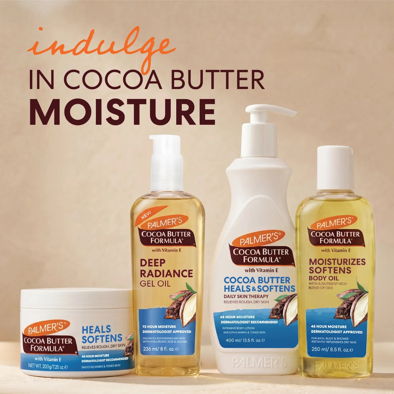 Four Palmer's Cocoa Butter Formula skincare products arranged on a beige background with promotional text reading 'indulge IN COCOA BUTTER MOISTURE.' The set includes the Cocoa Butter Jar, a Cocoa Butter Lotion bottle, a bottle of Cocoa Butter Deep Radiance Gel Oil and Cocoa Butter Moisturizing Body Oil