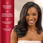 Woman with styled hair on a beige background with product benefits listed.