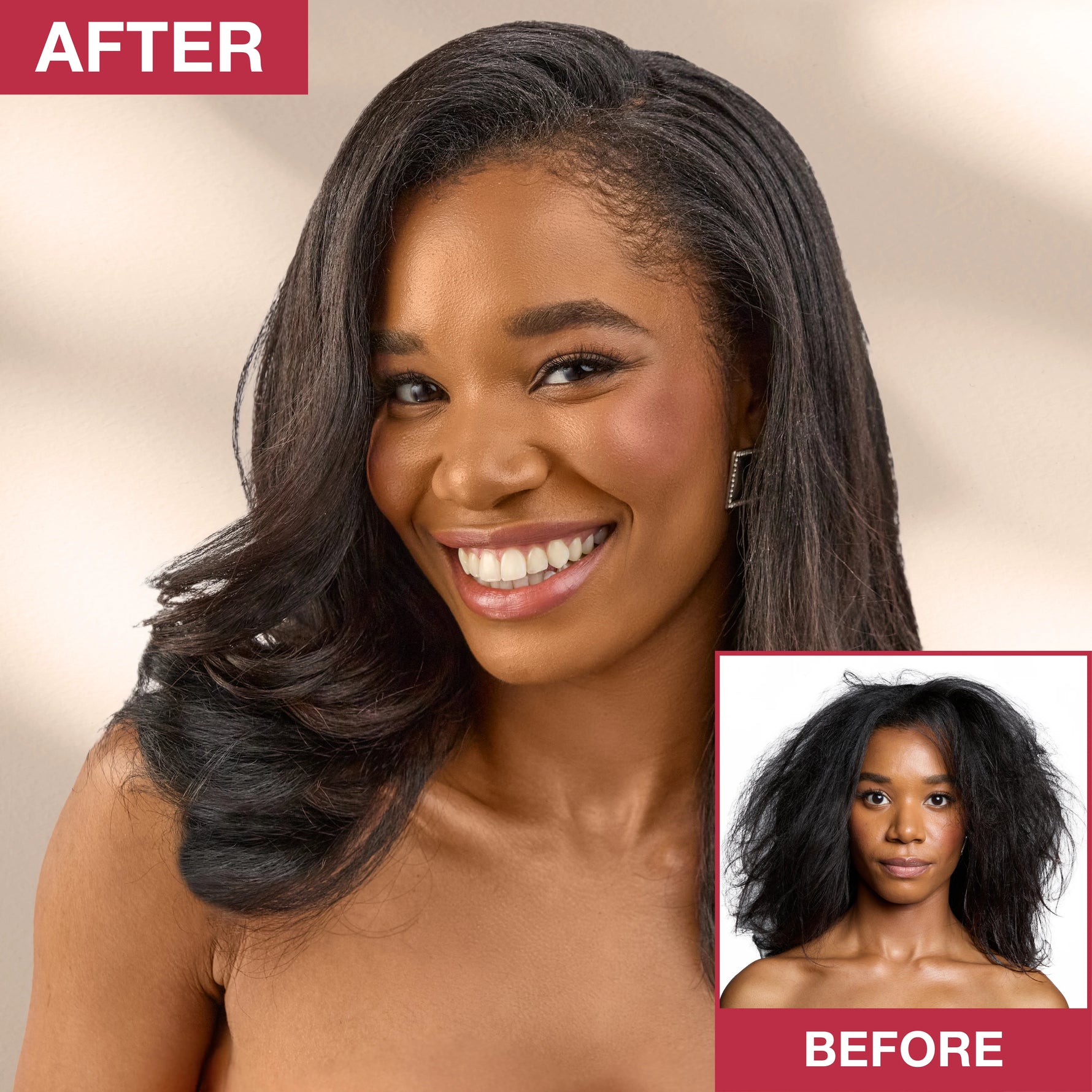 Before and after comparison of a woman with styled hair against a beige background.