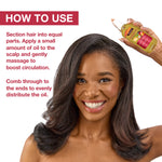 Woman with styled hair holding a bottle of hair oil with usage instructions.