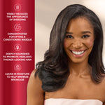 Woman with long, healthy hair next to a red text box detailing hair care product benefits.