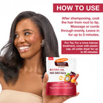 Woman holding Palmer's Batana Oil Pro Gro Pack with usage instructions on a white background