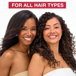 Two women with different hair types smiling together, with text 'FOR ALL HAIR TYPES' above them.