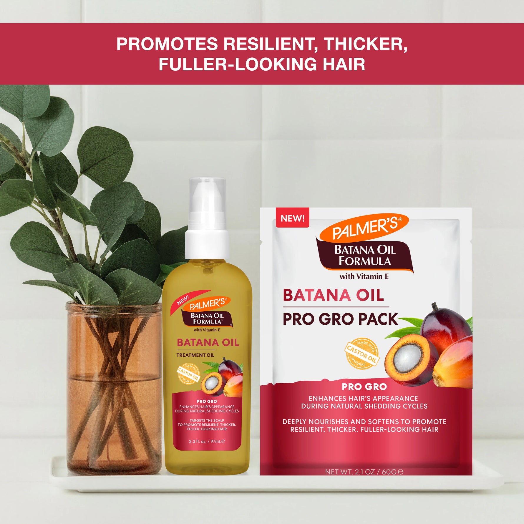 Palmer's Batana Oil hair care products with a plant on a white surface