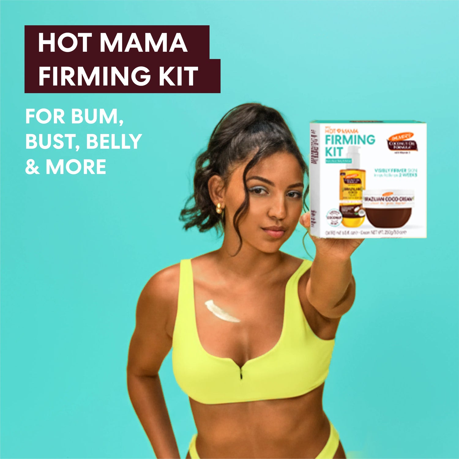 Woman holding a 'Hot Mama Firming Kit' against a teal background