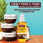 Palmer's Brazilian Coco Cream and Firming Oil with promotional text on a blue background