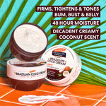 Two containers of Palmer's Brazilian Coco Cream with text highlighting its benefits on a colorful background.
