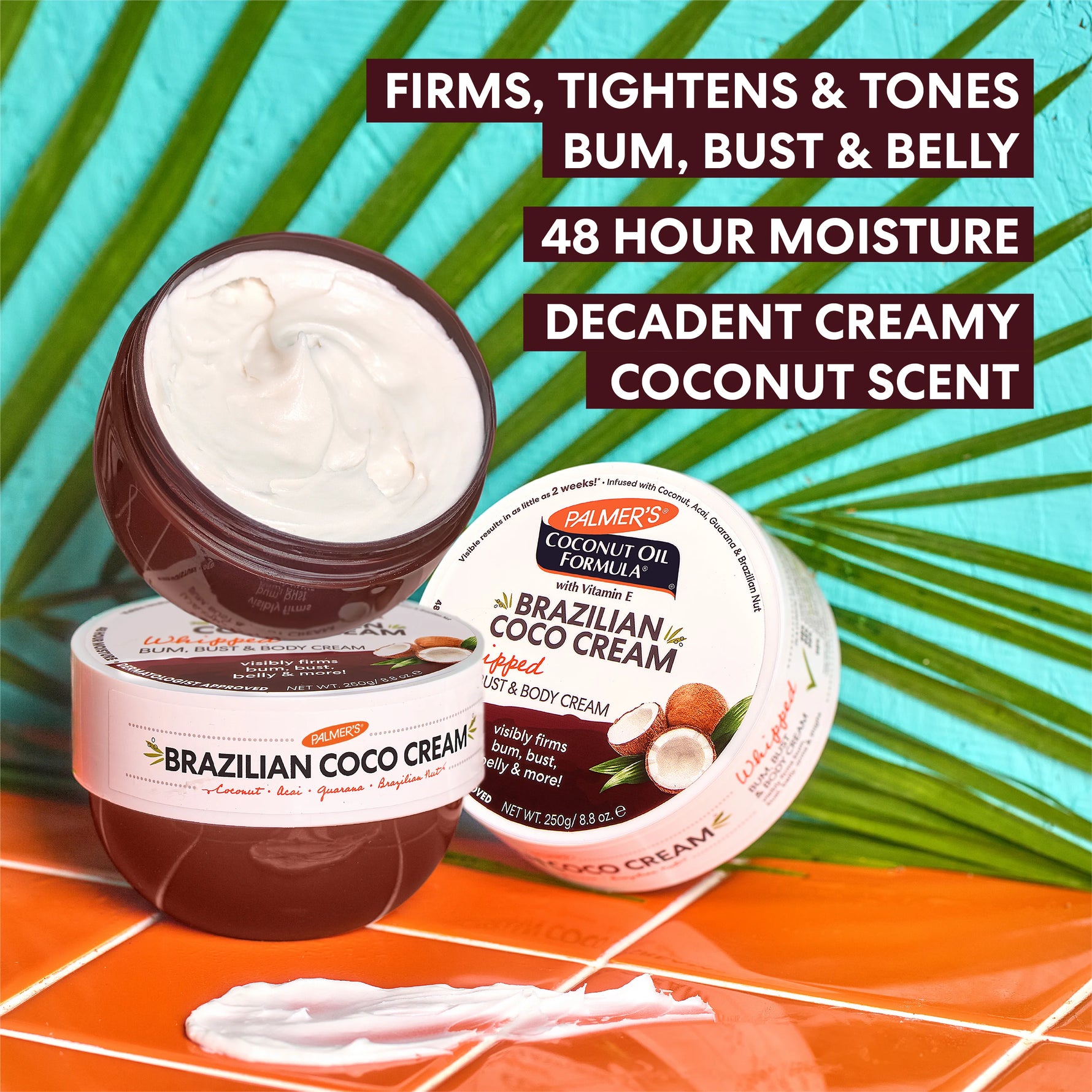 Two containers of Palmer's Brazilian Coco Cream with text highlighting its benefits on a colorful background.