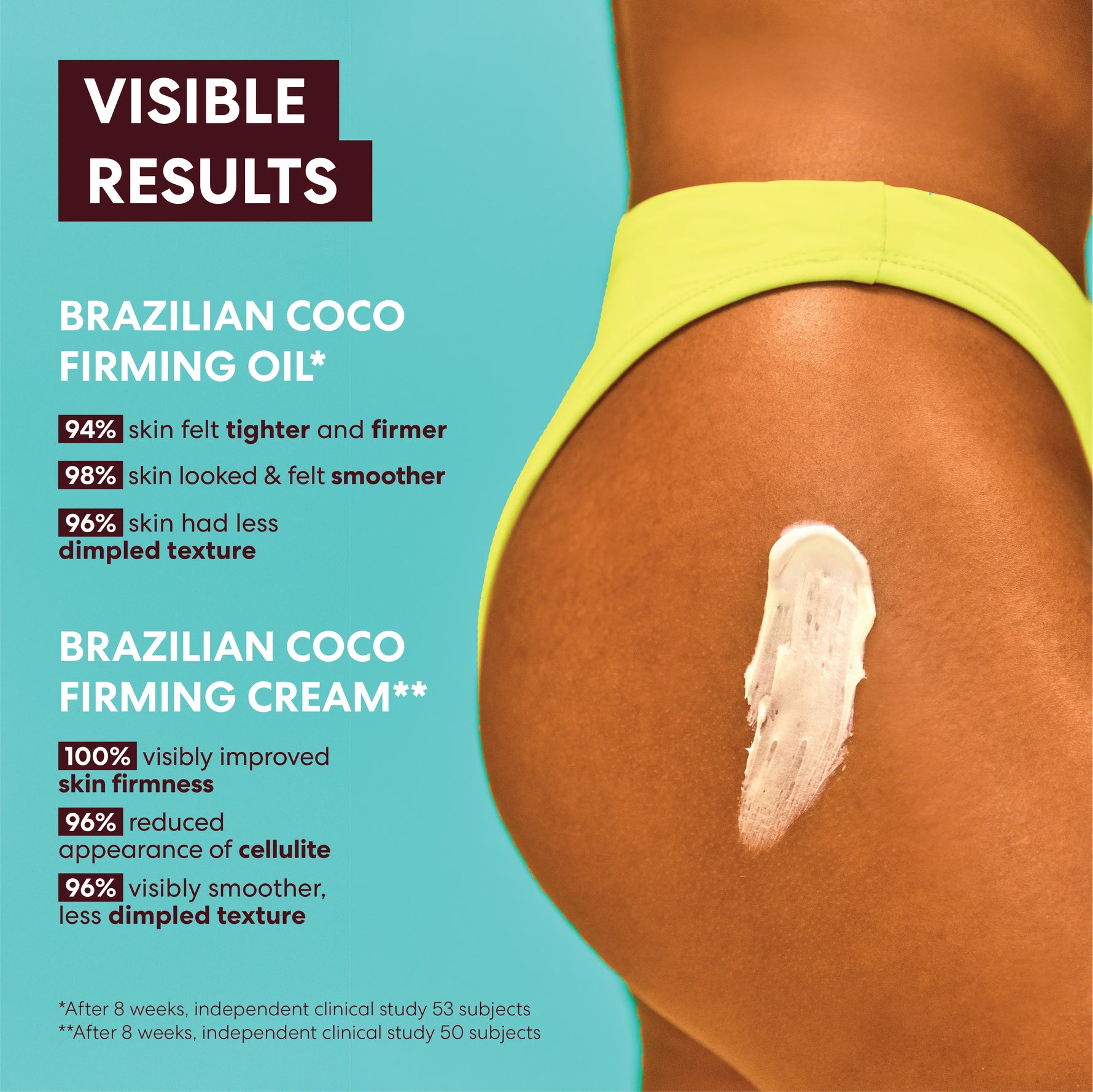 Advertisement for Brazilian Coco Firming Oil and Cream showing visible results on skin.