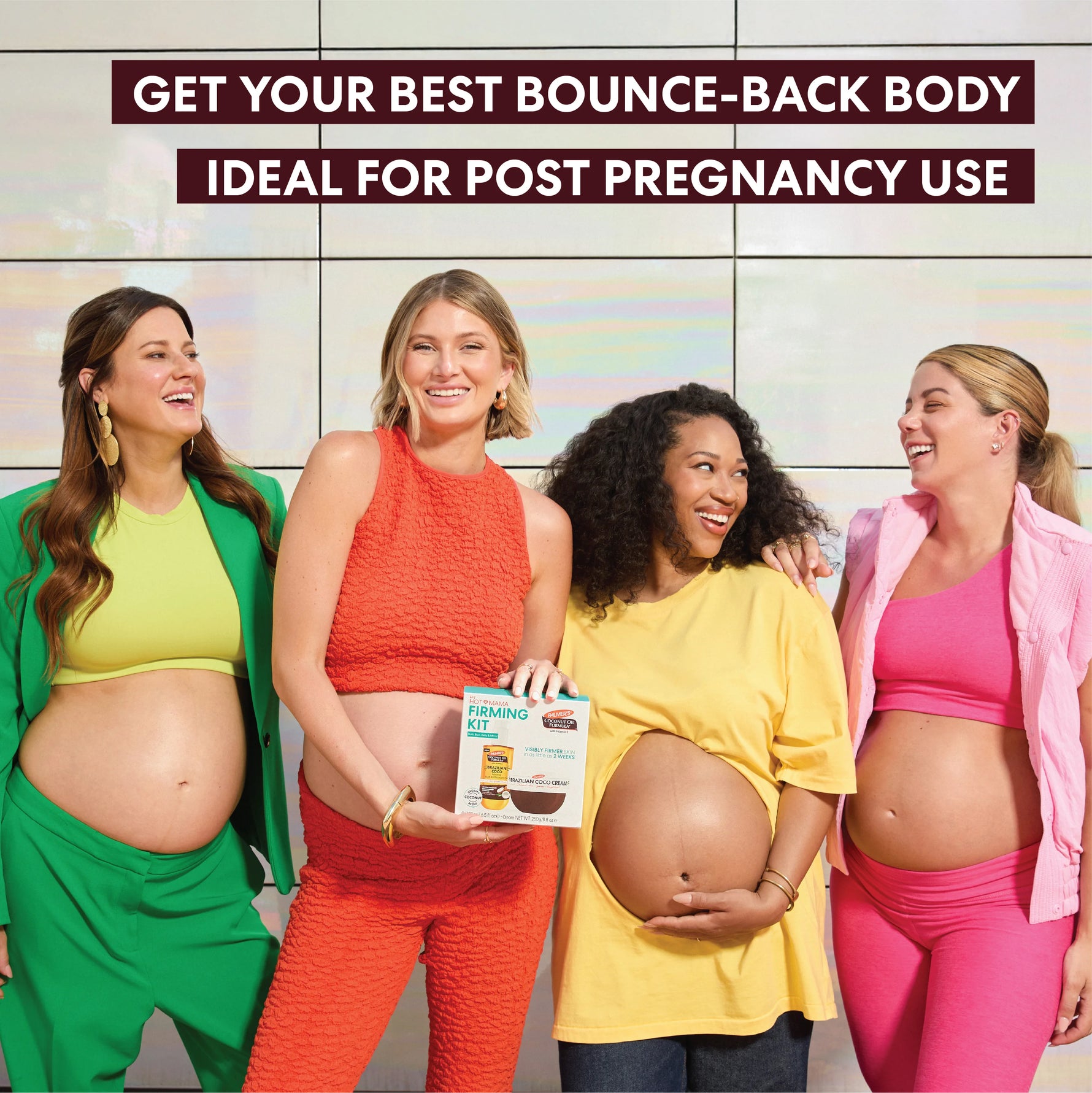 Four pregnant women standing together, holding a product box, with text about post-pregnancy use.