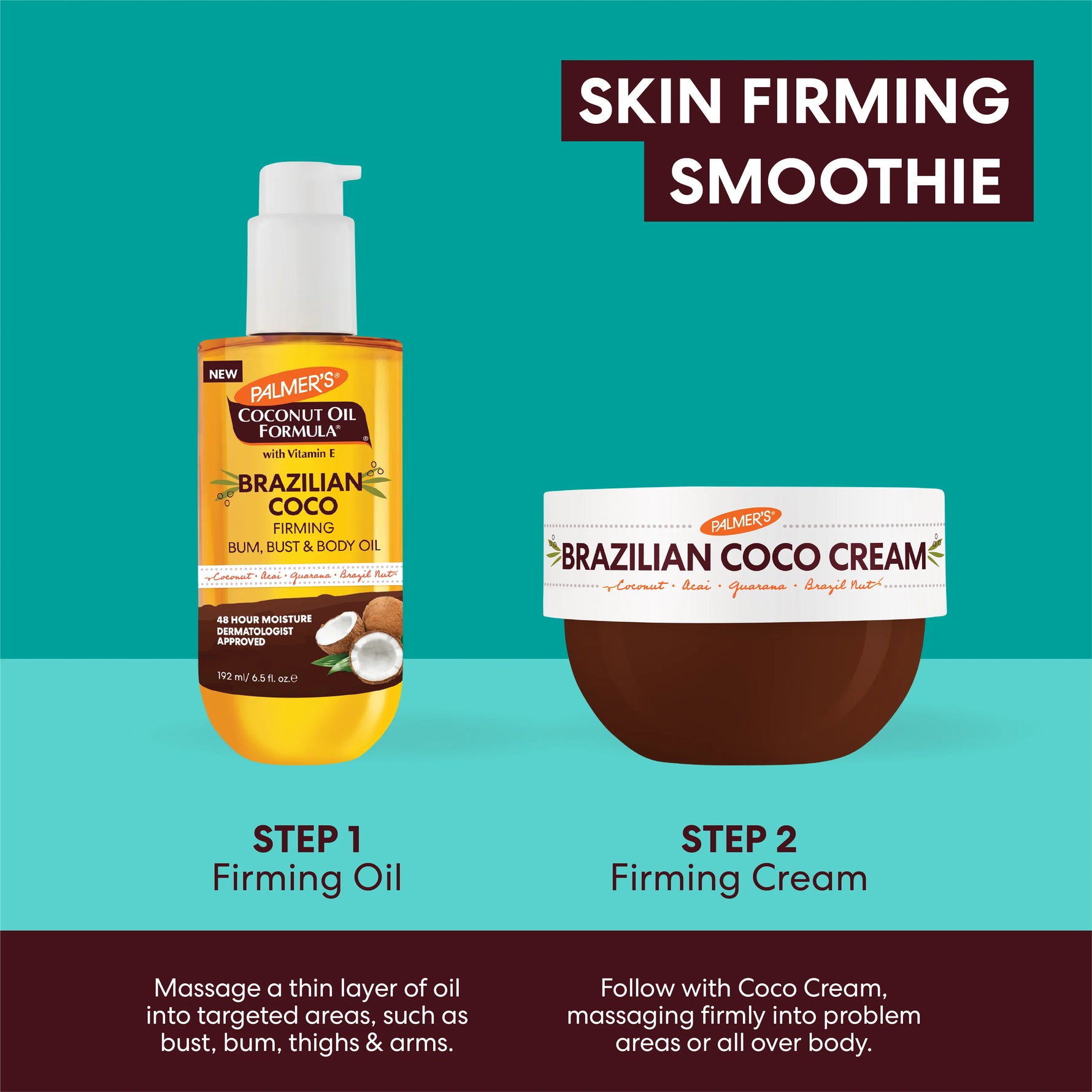 Two Palmer's Brazilian Coco products on a teal background with text indicating steps for use.