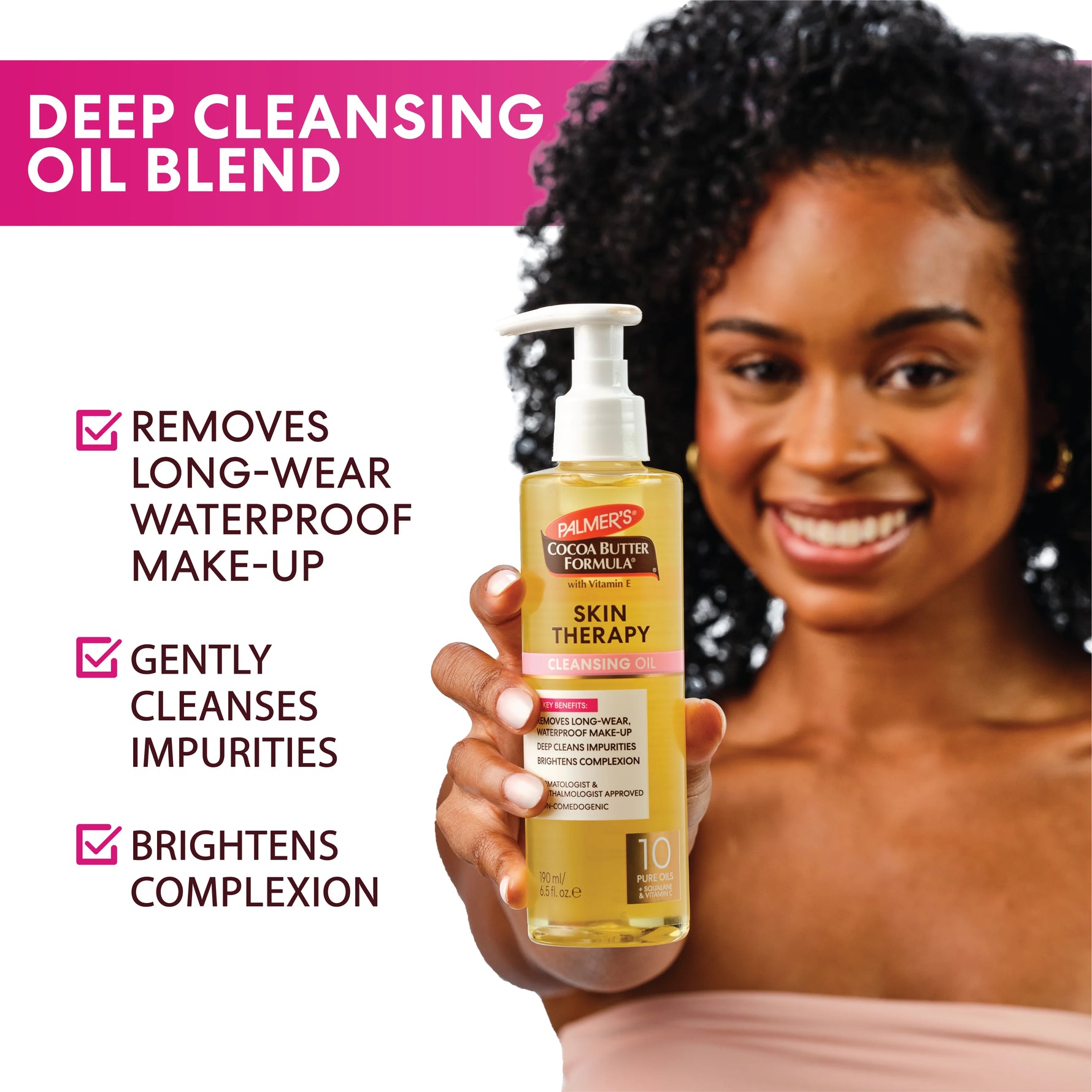 Woman holding a bottle of Palmers Skin Therapy Cleansing Oil with product features listed on a white background