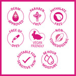 Set of pink icons and symbols on a white background, indicating product safety and features.