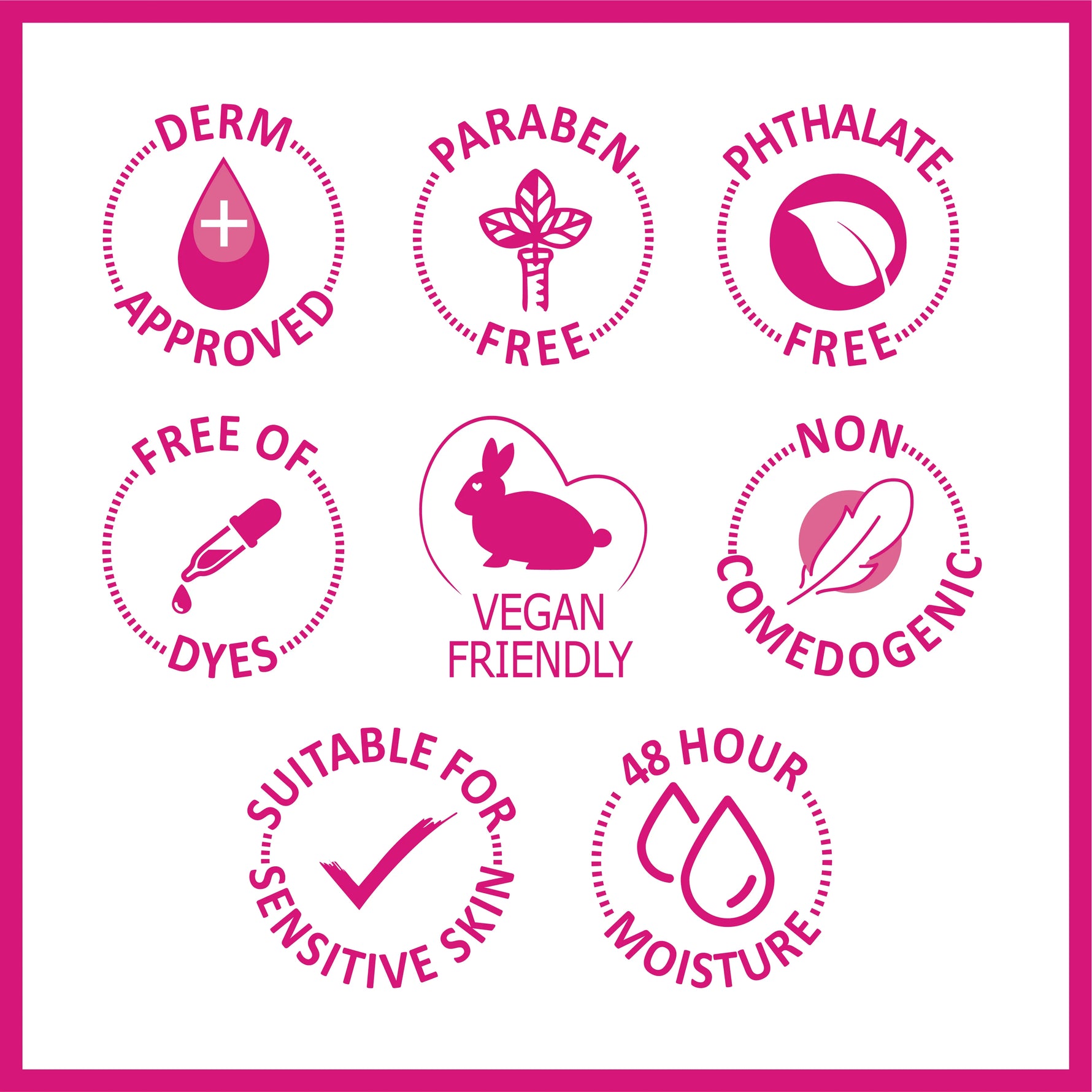 Set of pink icons and symbols on a white background, indicating product safety and features.
