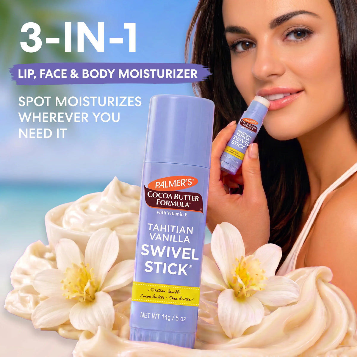 A woman applies a Palmer's Tahitian Vanilla Swivel Stick lip balm to her lips while holding the product tube. The tube is labeled 'Tahitian Vanilla' and 'Cocoa Butter Formula'.