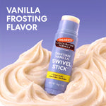 A tube of Palmer's Cocoa Butter Formula Tahitian Vanilla Swivel Stick shown on a purple background with whipped cream frosting swirls and the text 'VANILLA FROSTING FLAVOR'.