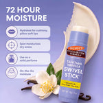 A stick of Palmer's Cocoa Butter Formula Tahitian Vanilla Swivel Stick lip balm shown on a lavender background with marketing text and icons about moisturizing benefits. The product tube is light purple with white, orange, and brown label details, and the scene includes a white flower, vanilla pod, and shell as props.