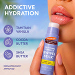 A close-up of a hand holding a stick of Palmer's Tahitian Vanilla Swivel Stick lip balm against a beach-themed background with text highlighting Tahitian Vanilla, Cocoa Butter, and Shea Butter.