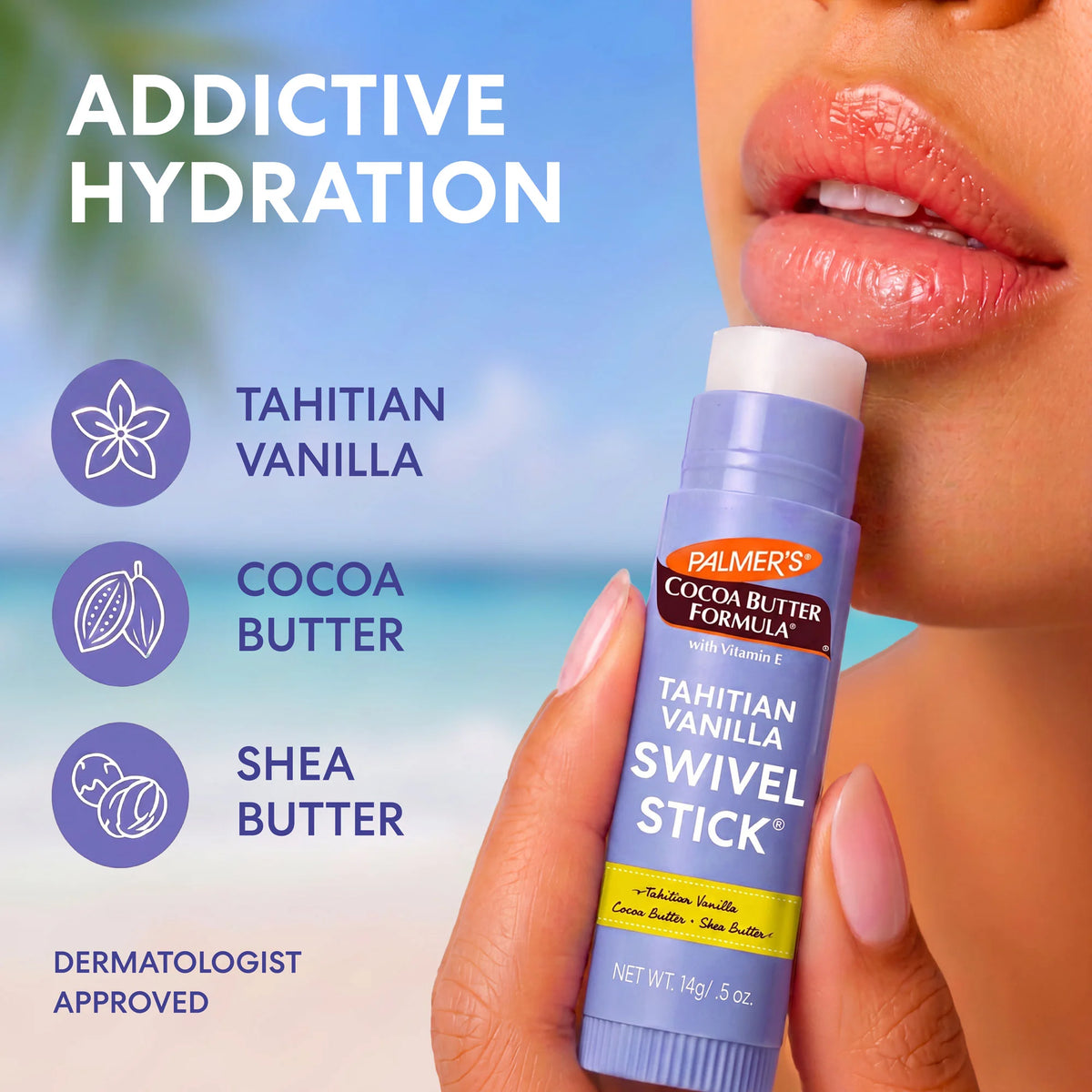 A close-up of a hand holding a stick of Palmer's Tahitian Vanilla Swivel Stick lip balm against a beach-themed background with text highlighting Tahitian Vanilla, Cocoa Butter, and Shea Butter.
