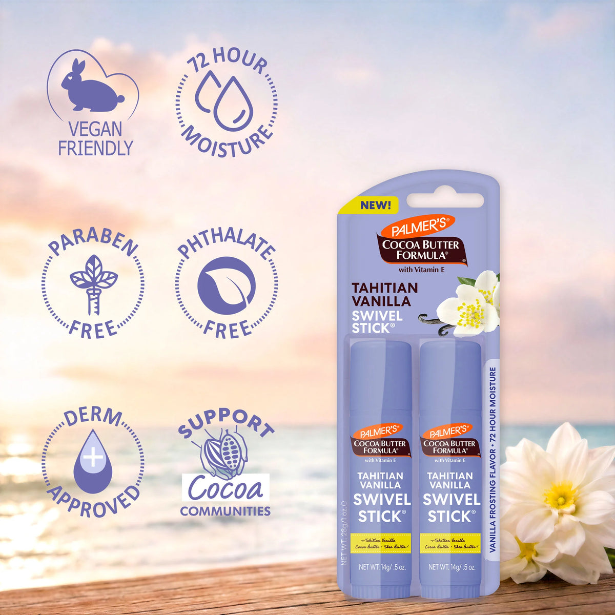 Palmer's Cocoa Butter Formula Tahitian Vanilla Swivel Stick lip balm in a blister pack, shown against a beach sunset background with white flowers and several blue informational badges on the left.