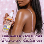 A woman holds a bottle of Palmer's Cocoa Butter Tahitian Vanilla Gel Oil. The image features a pink glittery background with text overlay reading 'ILLUMINATES SKIN FOR ALL OVER Shimmer Radiance'.