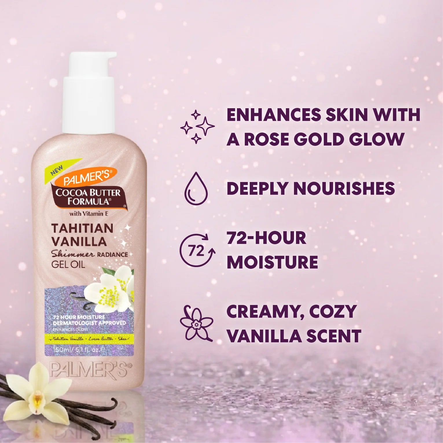 A bottle of Palmer's Tahitian Vanilla Shimmer Radiance Gel Oil stands on a reflective surface against a soft pink background with decorative text highlighting skin benefits and scent notes.