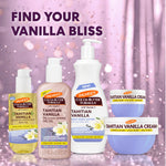 A collection of Palmer's Tahitian Vanilla body care products arranged against a pink glittery background with the text 'FIND YOUR VANILLA BLISS'. The products include Tahitian Vanilla Body Oil, Tahitian Vanilla Shimmer Radiance Gel Oil,  Tahitian Vanilla Body Lotion, and Tahitian Vanilla Creams