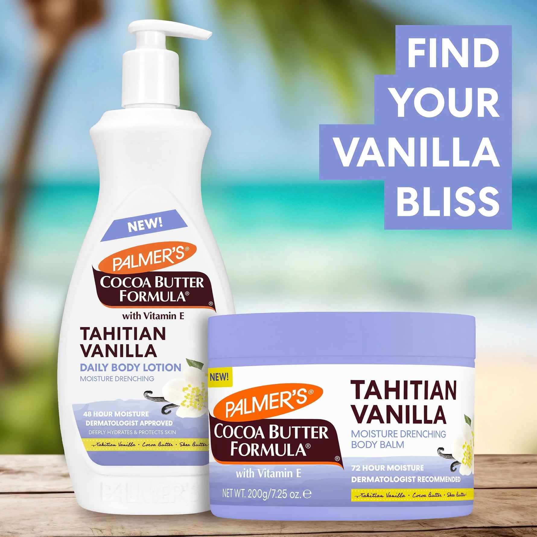 Palmer's Cocoa Butter Formula Tahitian Vanilla body lotion and balm on a wooden surface with a blurred beach background.