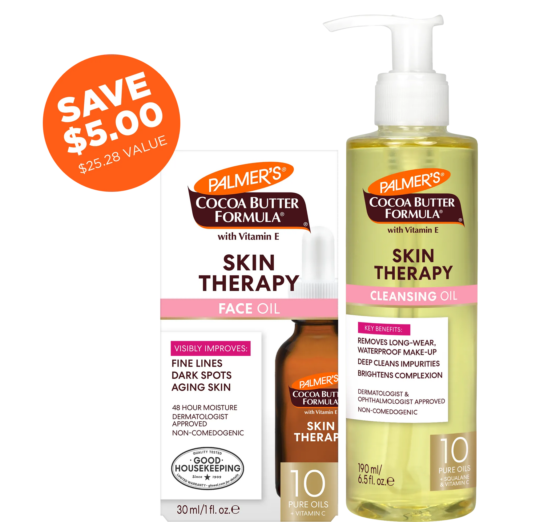 Two bottles of Palmer's Cocoa Butter Formula Skin Therapy products on a white background with a save $5.00 label.