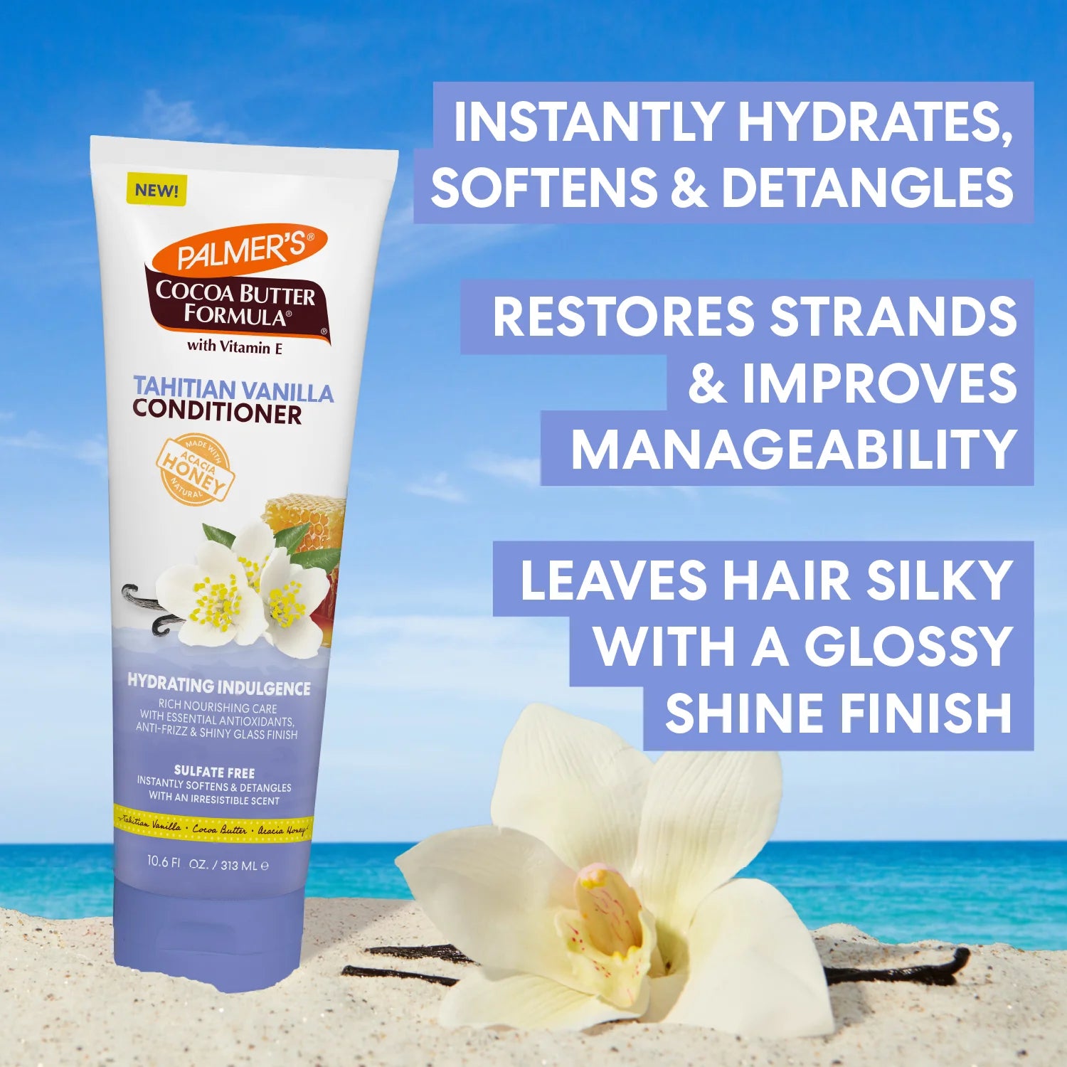 Palmer's Cocoa Butter Formula Tahitian Vanilla conditioner tube with beach and vanilla flower background